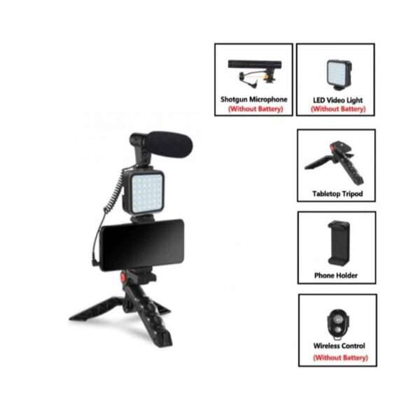 Vlogging Kit-01LM With Light, Table Tripod Stand, Microphone, Phone Holder, Bluetooth Remote - Image 4